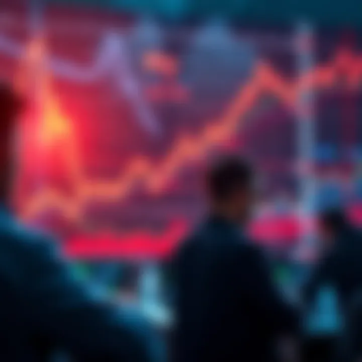 Market Analysis Chart A chart showing market trends with upward and downward movements, traders analyzing data, and a stark contrast between steady hodlers and reactionary traders.