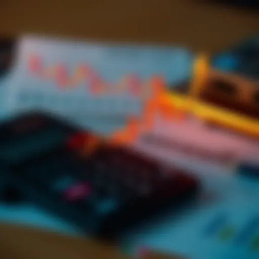 A stock market chart showing upward trends with arrows indicating buy signals, with a calculator and financial documents in the background.