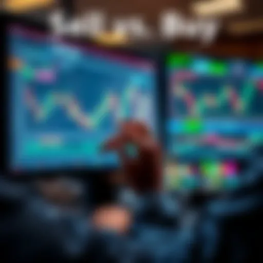 A person analyzing stock market trends with charts and graphs on a computer screen, showing buying and selling decisions in action.