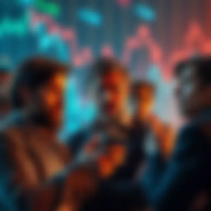 A group of people discussing market trends with worried expressions, graphs showing downward trends in the background.