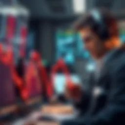 A graph showing a downward trend in the stock market over nine consecutive days with red arrows and a worried trader in the background.