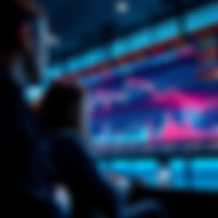 A group of people discussing stock market trends with charts showing dips and investments on a screen.