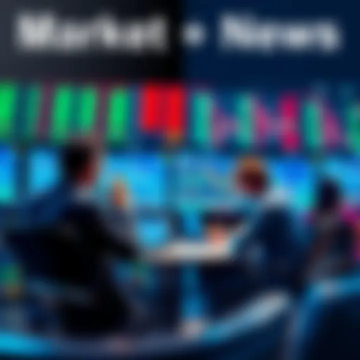 Traders discussing market trends and strategies with charts and graphs on screen