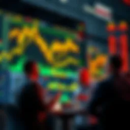 Group of traders discussing market insights and strategies with charts and graphs in the background