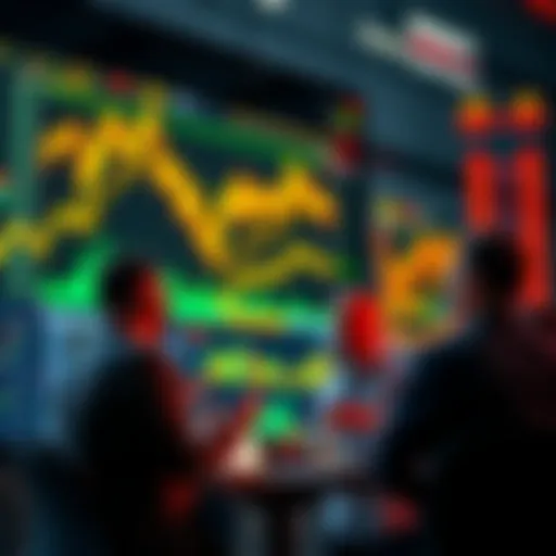 Group of traders discussing market insights and strategies with charts and graphs in the background