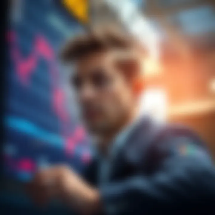 A stock market chart showing a downward trend with a worried trader looking at the screen.