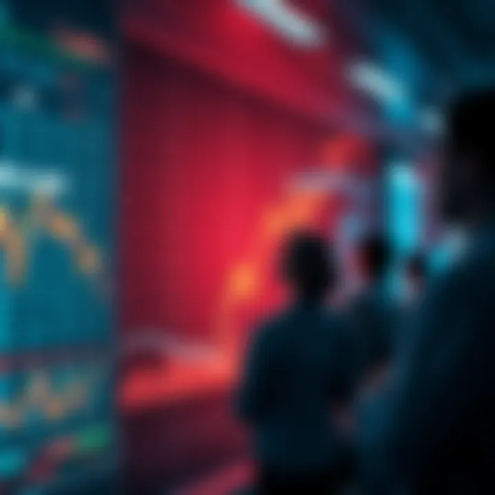 Market Downturn A graph showing a downward trend in the stock market with worried people observing it.