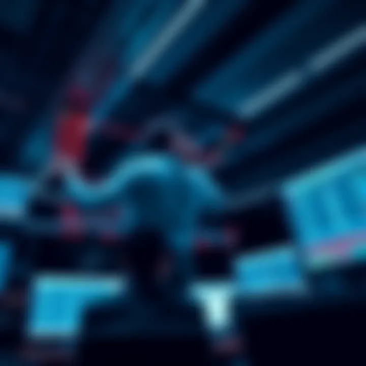 A stock market display showing declining graph lines with worried investors looking at screens