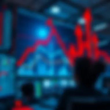 Market Downturn A stock market chart showing a steep decline with red arrows pointing downward and anxious investors looking at screens.