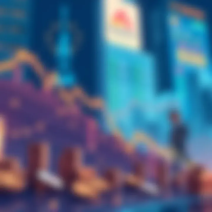 A graphic showing a downward trend in stock prices with visual symbols of cash and worried investors.