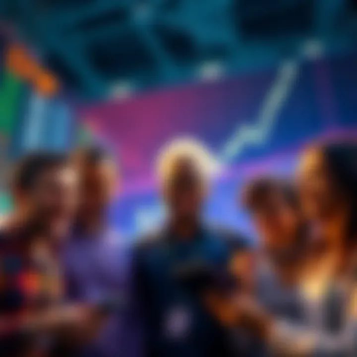 Market Excitement A group of investors looking at a stock market chart showing a rising trend, with smiles on their faces.