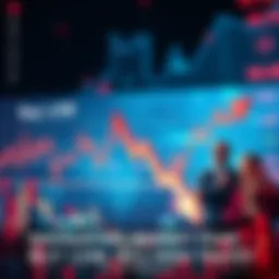 A graph showing market fluctuations with arrows indicating buy low and sell high strategies, alongside worried investors and confident traders