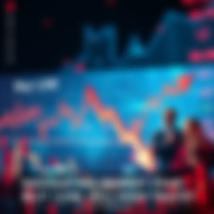 A graph showing market fluctuations with arrows indicating buy low and sell high strategies, alongside worried investors and confident traders