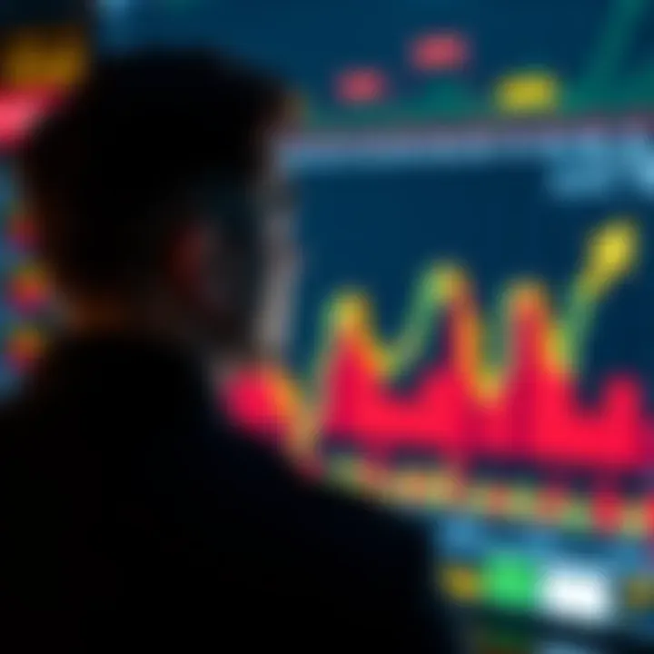 A person looking at a stock market chart with arrows indicating upward and downward trends, contemplating investment decisions.