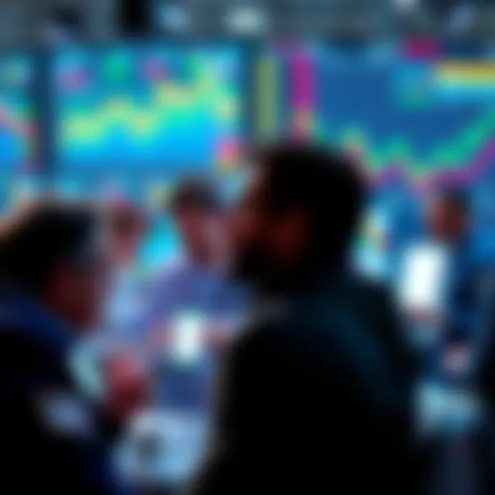 A vibrant forum of traders sharing insights with graphs and charts in the background