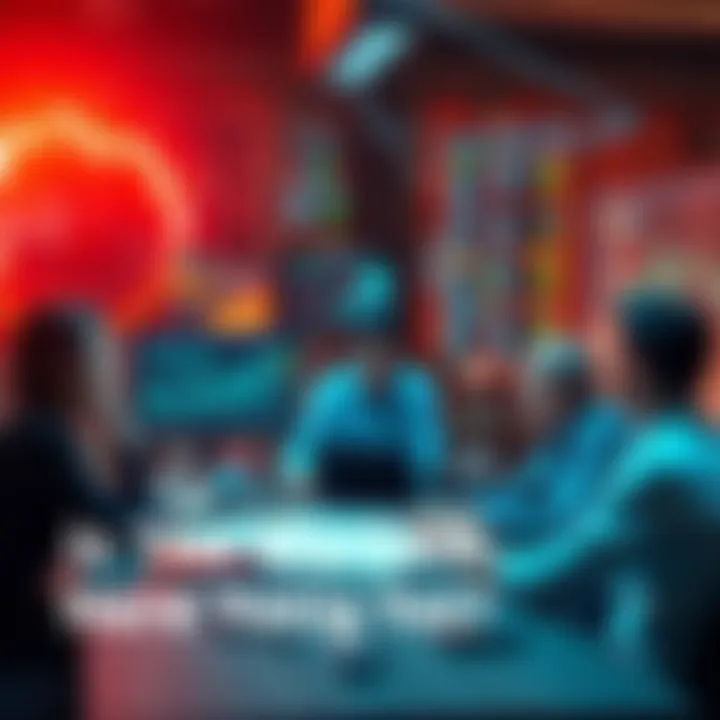 A group of people discussing market trends with charts and laptops around a table