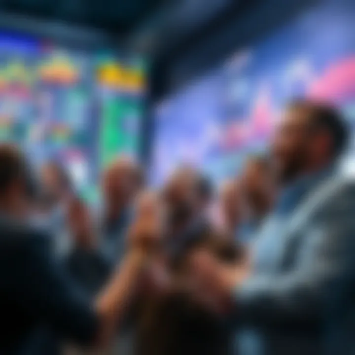 A group of investors looking excitedly at trading charts and graphs, symbolizing the anticipation of reaching a financial milestone.