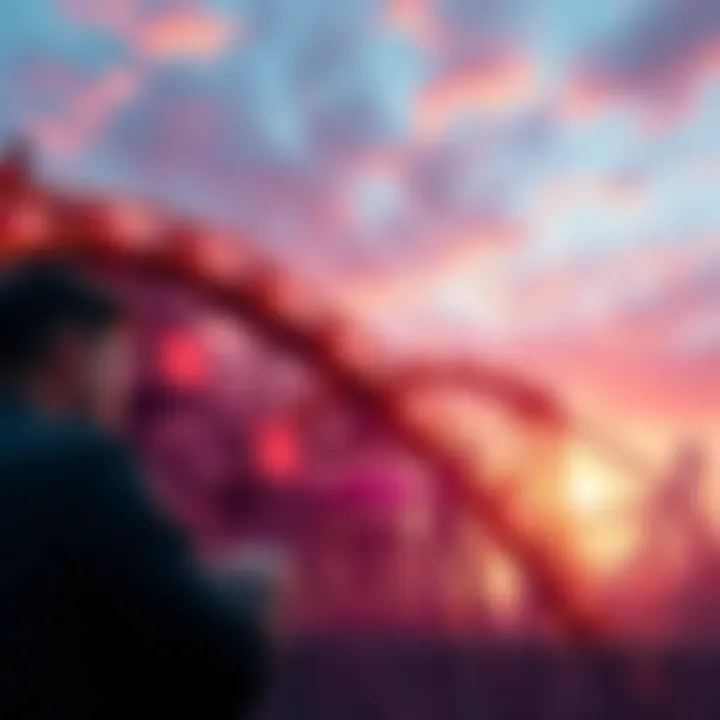 A depiction of emotional reactions to market fluctuations, featuring a roller coaster to symbolize highs and lows, with traders observing from the sidelines.