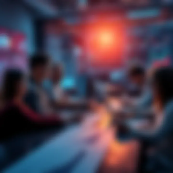 People discussing market trends and predictions at a table with charts and graphs