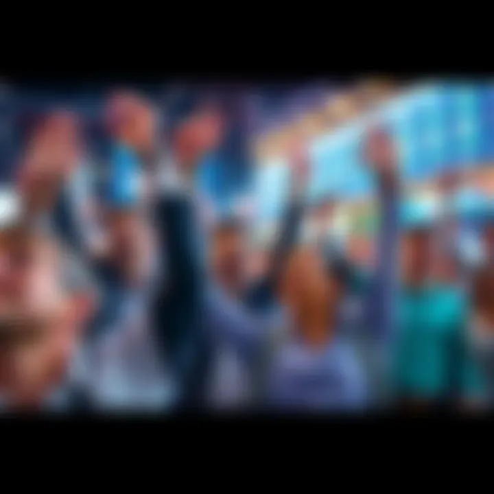 Market Rally Celebration Investors celebrating a market rebound, showing happiness and relief after a strong recovery from a recent downturn.