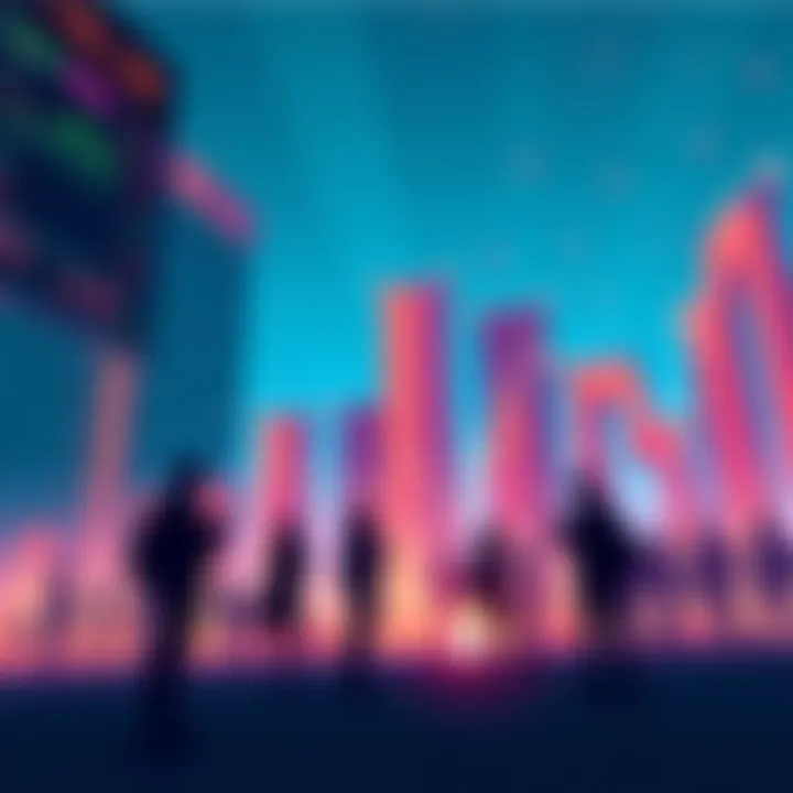 An illustration depicting rising market trends with silhouettes of people discussing and analyzing data in the background