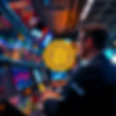 Traders looking at fluctuating Bitcoin charts on screens, showing a sharp decline in value.