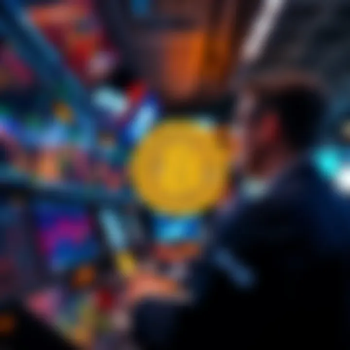 Traders looking at fluctuating Bitcoin charts on screens, showing a sharp decline in value.