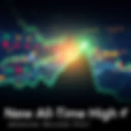 Illustration of a stock market graph showing an upward trend with a bright green line hitting a peak.