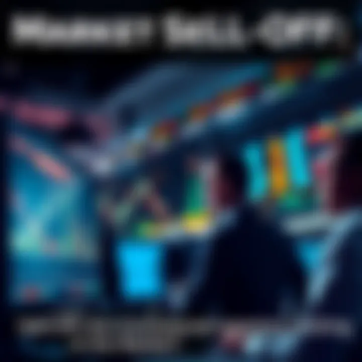 A graph showing a downward trend in stock prices with worried investors looking at screens, indicating market instability.