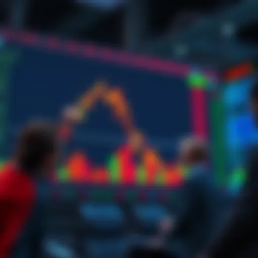 A graph showing a sharp decline in stock prices with worried investors observing the screen.