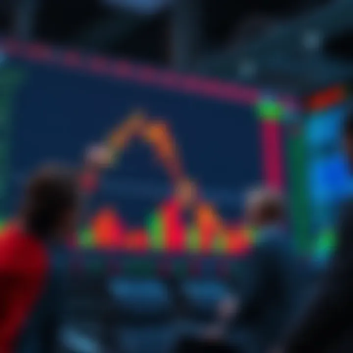 A graph showing a sharp decline in stock prices with worried investors observing the screen.