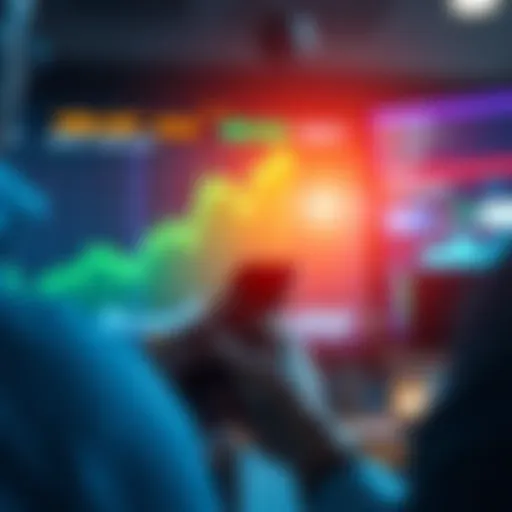 A graphic showing a stock market chart with an upward trend, indicating a potential market shift. Investors are seen holding their phones, watching the market closely.
