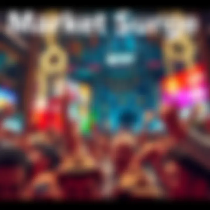 A lively scene of people celebrating a market surge, with signs of excitement and investment positivity, including cheers and smiles in the crowd.
