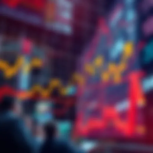 Graph showing fluctuating asset prices with arrows indicating potential drop or rise, alongside images of experts discussing market trends.