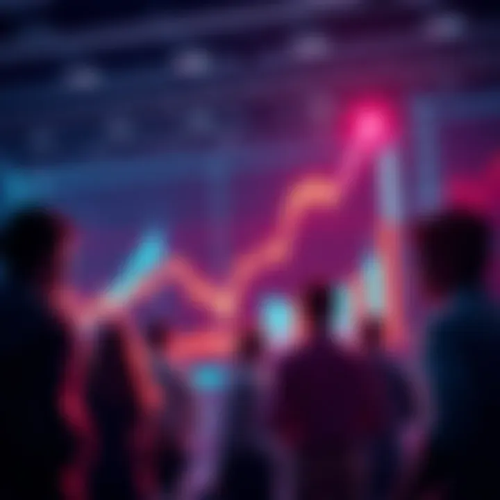 A graph showing market trends with an upward and downward line indicating fluctuations, surrounded by people discussing charts.