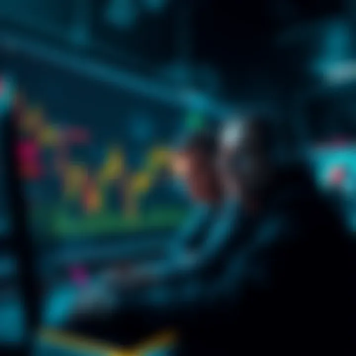 A graph showing declining market trends with worried investors looking at their screens