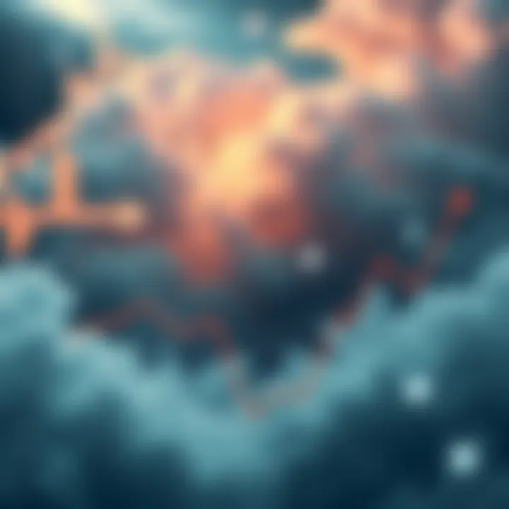 A graph showing fluctuating price trends in a chaotic market environment with clouds representing uncertainty and arrows indicating price movements.