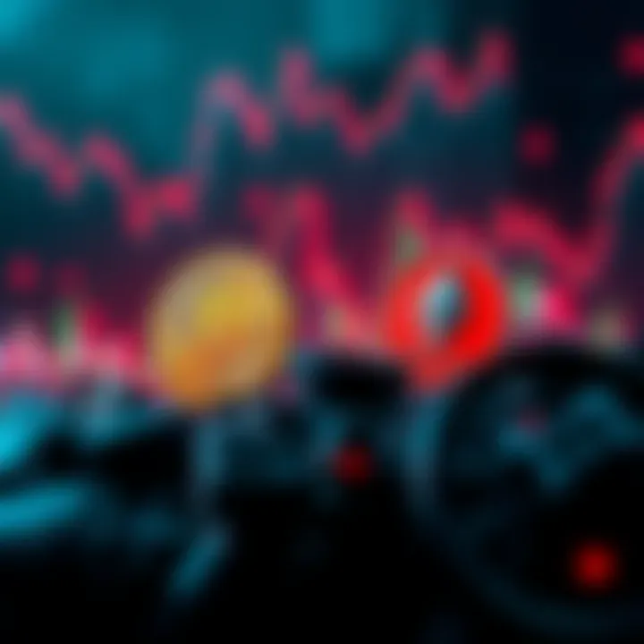 A visual representation of financial market volatility with symbols of Bitcoin and Ethereum amidst a backdrop of fluctuating tariffs