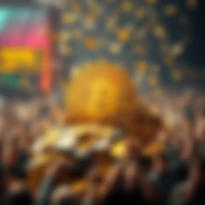 A large amount of Bitcoin represented as coins and cash being moved, symbolizing a Ponzi scheme, with a concerned crowd in the background.