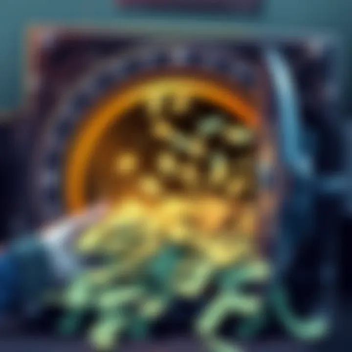 Graphic representation of a heist involving a large sum of money, depicting a vault being opened and cash flowing out, symbolizing the theft from the BONK treasury.