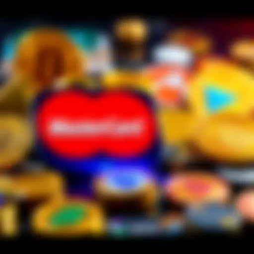 Mastercard logo alongside various cryptocurrency symbols representing new partnerships in digital transactions