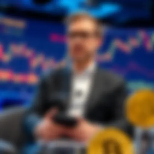 Matt Levine speaking at a conference about Bitcoin investment strategies, with charts and graphs in the background showing financial trends.