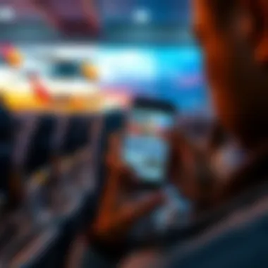 A person checking airline miles on a smartphone with travel images in the background