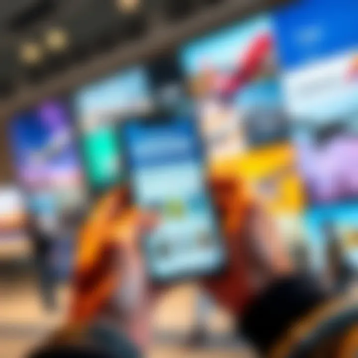 A person selecting travel rewards on a mobile app with airline images in the background