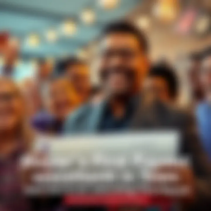 The new mayor of a small town smiles while holding a check, surrounded by happy residents celebrating in the background.