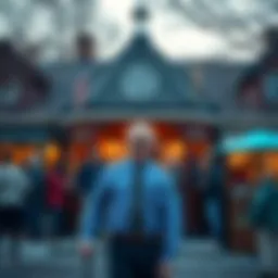 A mayor standing in front of a quaint town hall, surrounded by a tight-knit community, smiling as they engage with local residents.