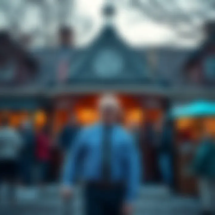 A mayor standing in front of a quaint town hall, surrounded by a tight-knit community, smiling as they engage with local residents.