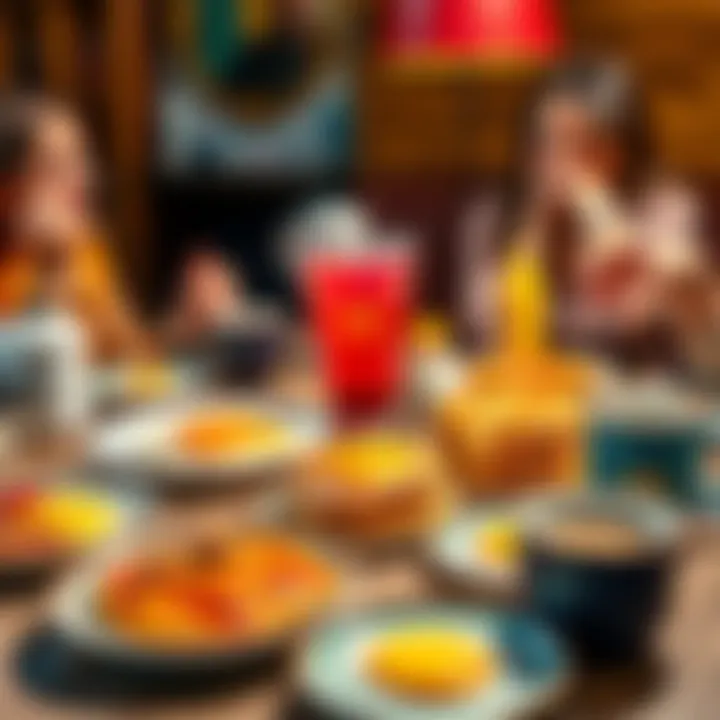 A table full of delicious breakfast items from McDonald's including pancakes, eggs, and coffee with friends enjoying the meal together.