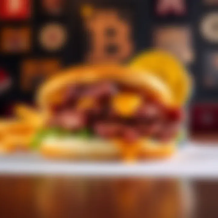 A McRib sandwich on a table with a Bitcoin symbol in the background, highlighting the connection between fast food and cryptocurrency trends