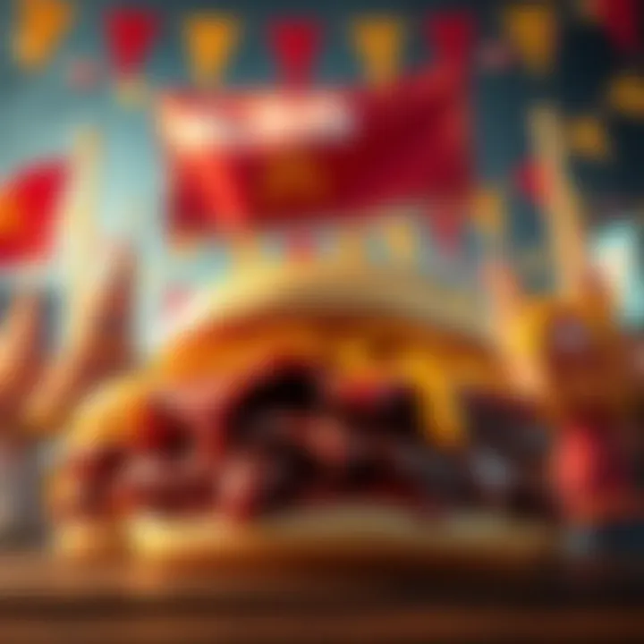 A McRib sandwich featured with a festive rally banner in the background, showcasing excitement for the event.